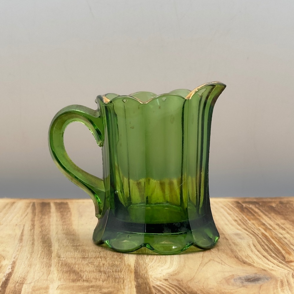 Vintage Green Glass Paneled Creamer Pitcher Scalloped Gold Trim Cottagecore